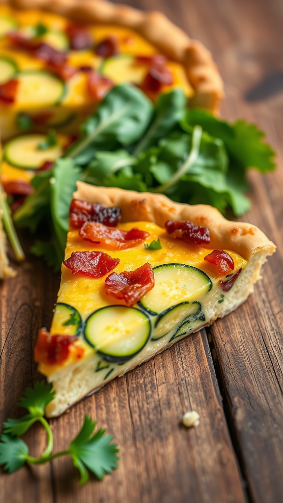 A slice of bacon and zucchini quiche with a flaky crust, topped with herbs, on a rustic table.